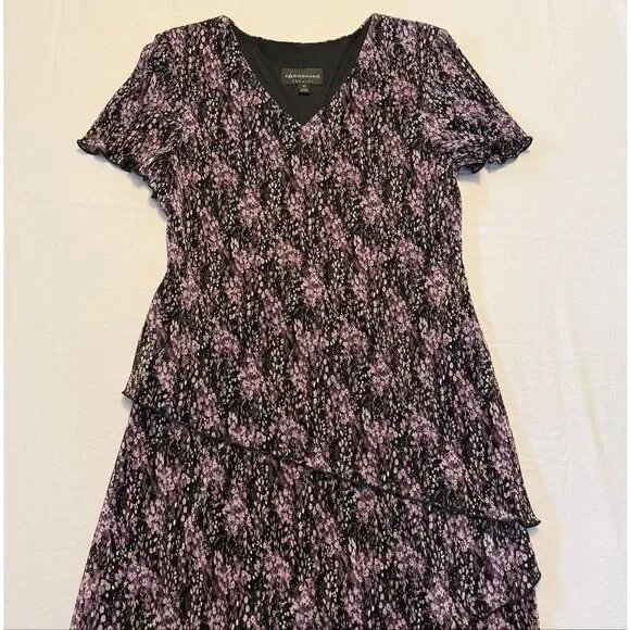 Connected Apparel Purple Abstract Tiered Dress | Pleated Midi | Size 10 NWT