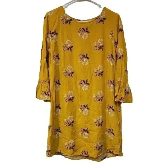 Old Navy Women's Mustard Yellow Floral Casual Dress w Ruffle Sleeves EUC sz S