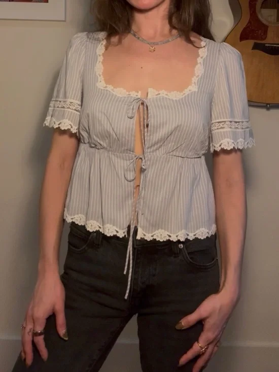 Reformation Margot Lace Trim Striped Cropped Blouse Top Blue White XS