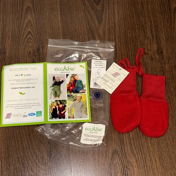 EcoAble 100% organic merino wool thumbless red baby Kids Mittens gloves - NWT