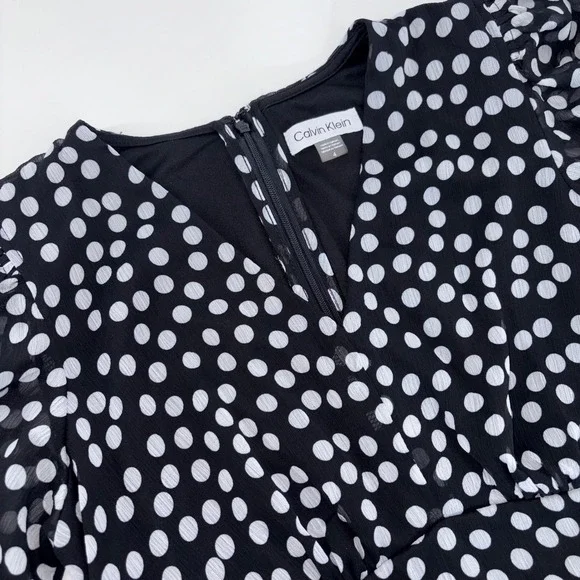 Calvin Klein Black White Polka Dot V-Neck Puff Sleeve Chiffon Dress Size 4