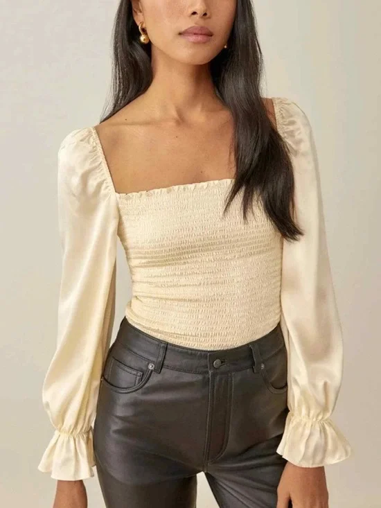 Reformation Silk Smocked Puff Sleeve Top Butter Yellow XS