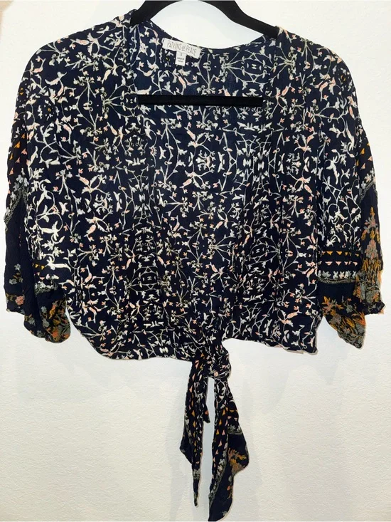 Patrons of Peace -  Navy Floral Tie-Front Cropped Summer Blouse | Boho