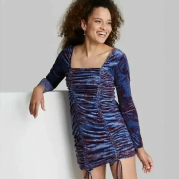 Wild fable Velvet Bodycon Blue Marble Long Sleeve Ruched Mini Dress large