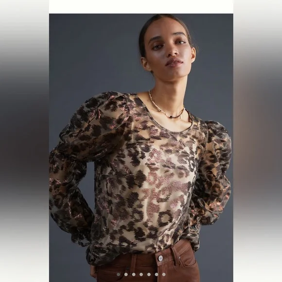 NWT- Anthropologie - Eva Franco - Sheer Puff Sleeve Leopard Print Blouse Size M