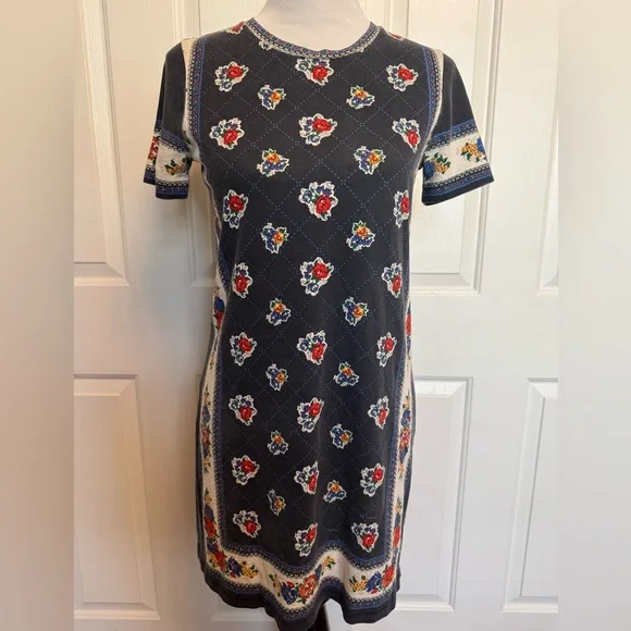 Tory Burch Floral Print T-Shirt Dress XS Boho Preppy Cottagecore Knit