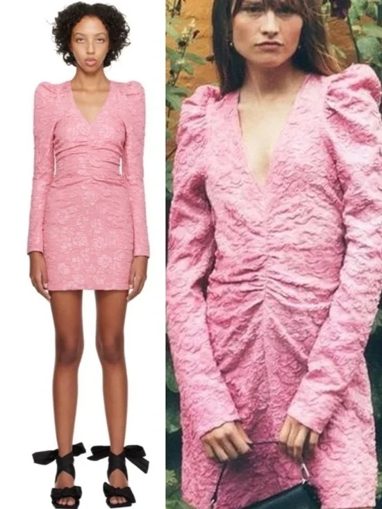 Ganni Stretch Jacquard V Neck Mini Dress Orchid Smoke Puff Sleeve Pink Y2K