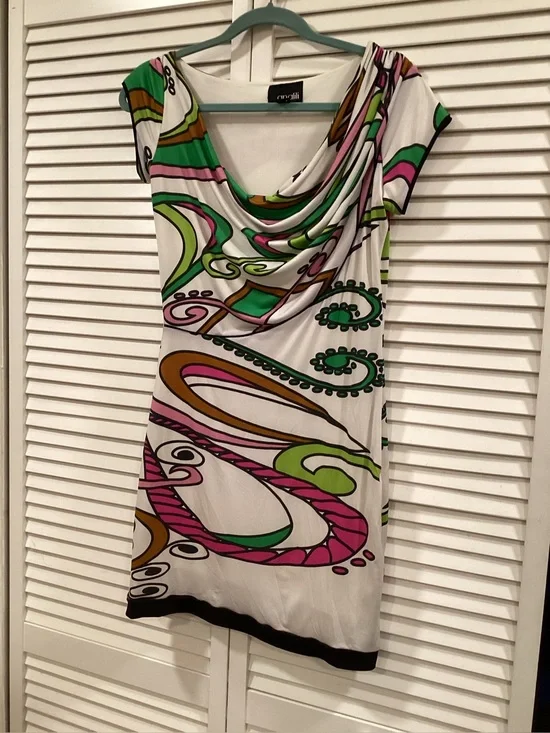 Analili White Mini Dress with Pink, Green & Brown Swirl Print