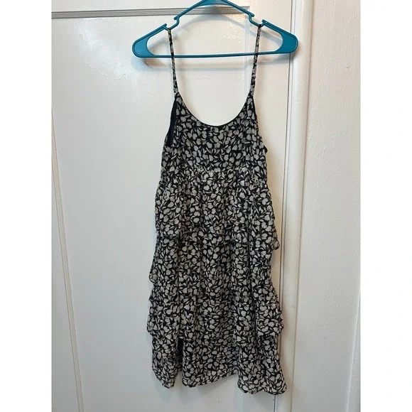 Who What Wear Womens Floral Tiered Ruffle Mini Dress Black Cream Sz M Sleeveless