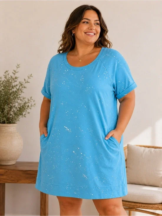 LIVI short sleeve t shirt pocket dress aqua with paint splatter NWT Size 18/20