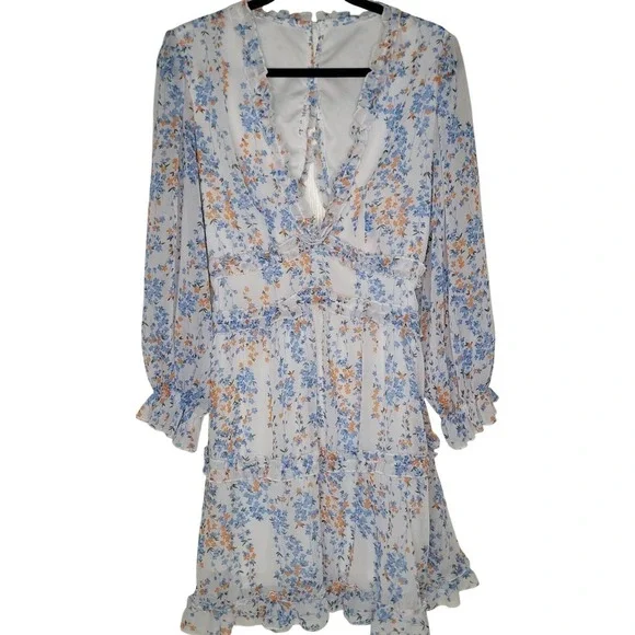 Women's M White Blue Orange Floral Fit & Flare Dress V-Neck Back Cutout Ruffle