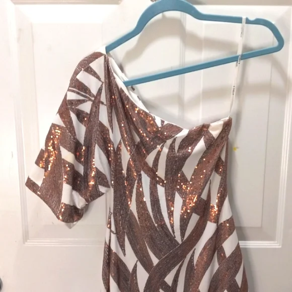 B Darlin Copper Small Sequined, Off The Shoulder Mini Dress Size 1/2