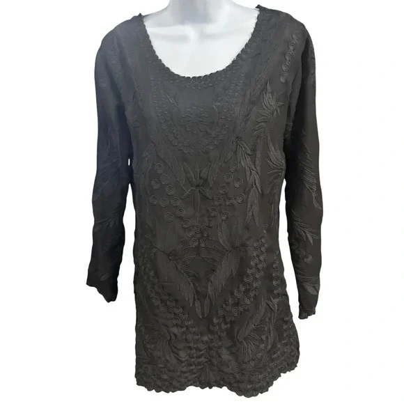 Pilyq Barcelona Anthro Embroidered Tunic Dress Long Sleeve Black Sundress XS/S