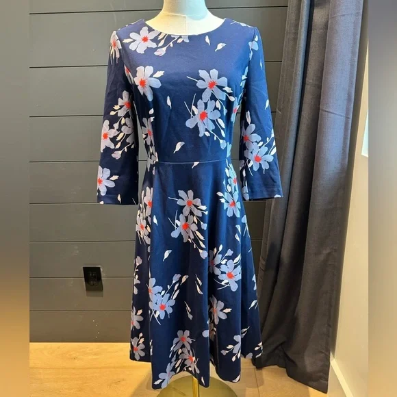 Boden Irene Navy Blue Floral Long Sleeve Ponte Knit Stretch Dress Preppy Classic