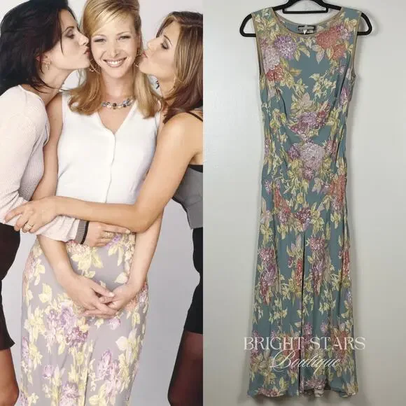 Super Rare Floral Maxi Dress ALT ASO Phoebe Buffay Friends Green Sleeveless VTG