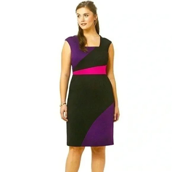 MBN Black Purple Pink Ponte Knit Color Block Cocktail Dress Plus Size 0X