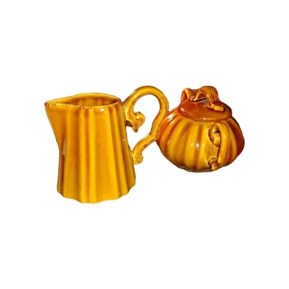 Vintage‎ Style Eyes Creamer & Sugar Bowl Brown by Baum Bros. wood-like EUC