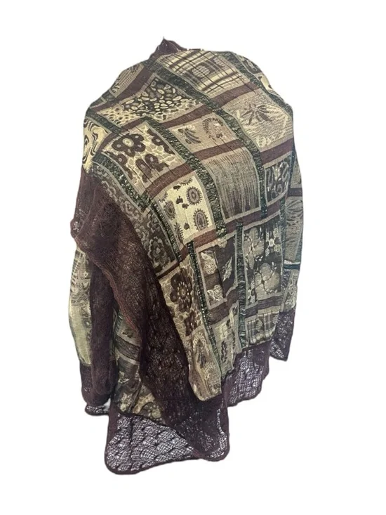 Vintage Patchwork Brown Green Cream Mohair Blend Crochet Trim Shawl Scarf Wrap