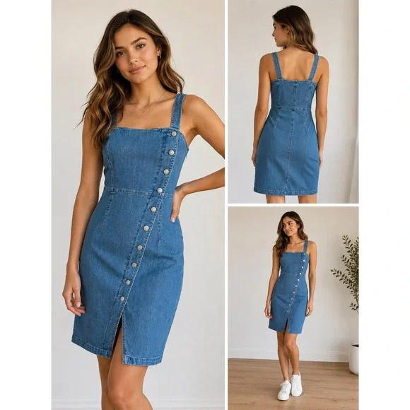 Vero Moda VMJULIA Denim Dress Blue Asymmetrical Button Front Slit Sheath Small
