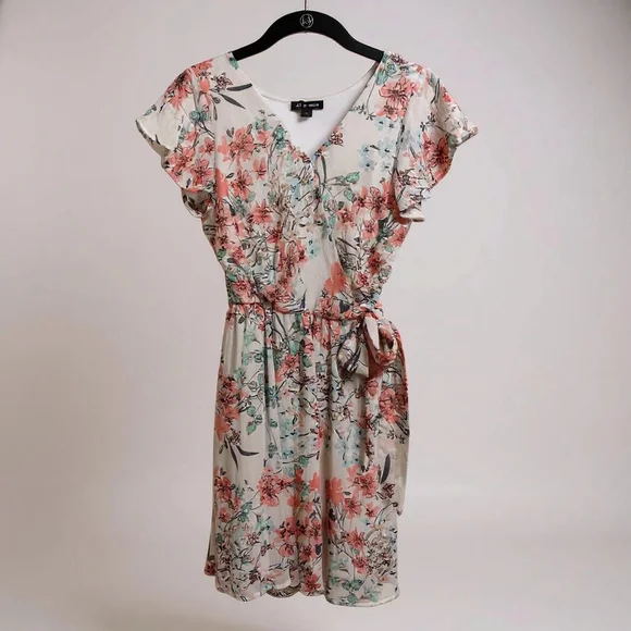 AS U WISH White & Pink Floral Faux Wrap Dress Size S