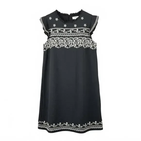 THML Black Embroidered Sleeveless Mini Dress Tunic‎ Ornate Boho Lined Sz Medium
