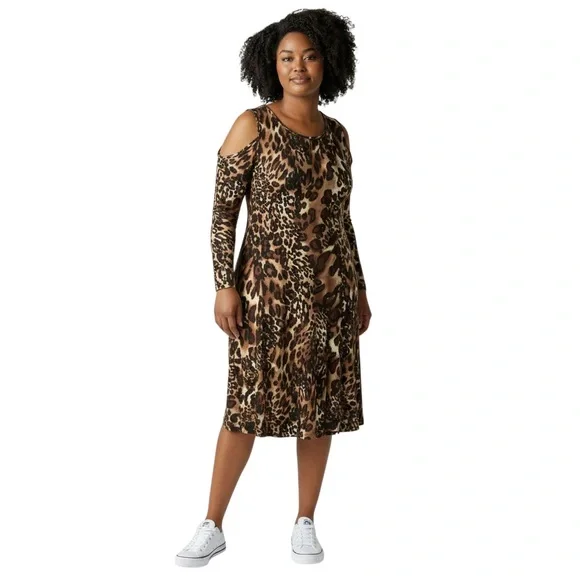 Susan Graver Leopard Print Cold-Shoulder Long Sleeve Dress Women’s Size L