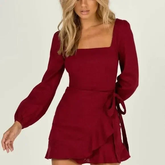 Princess Polly Maroon Linen Blend wrap Dress Size 4