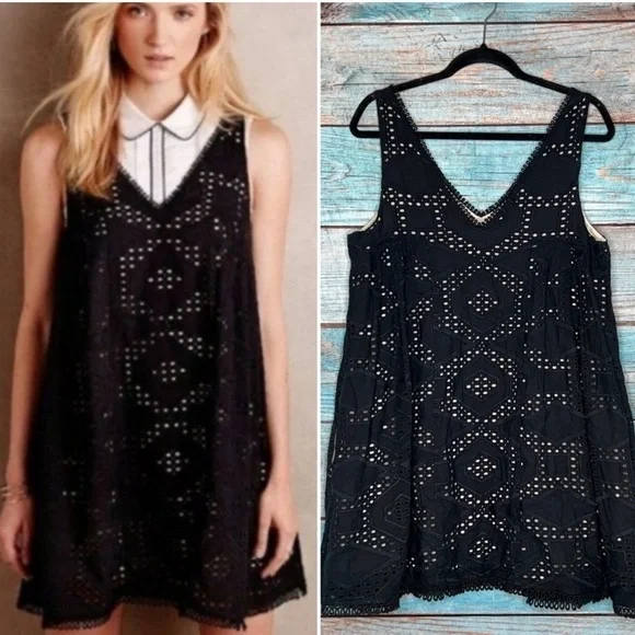 Anthropologie‎ Maeve Eyelet Mini Dress Size S Swing Black Lace Scalloped Cotton