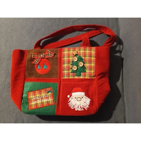 Kim Rogers Christmas Holiday Corduroy Patchwork Tote Bag Santa Tree