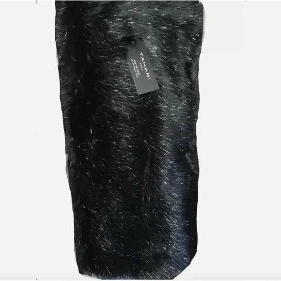 Tahari Black Faux Fur Throw Blanket Silver TInsel Luxury Halloween Decor NEW