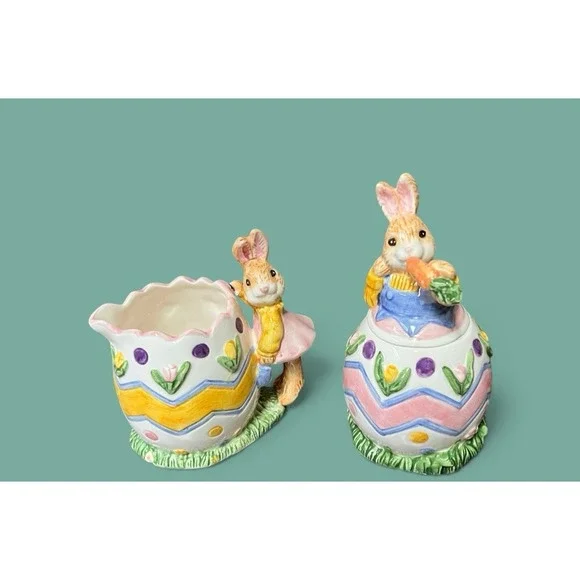Fitz & Floyd Omnibus Egg-Spress Bunny Rabbit Creamer And Sugar Bowl Spring‎ READ