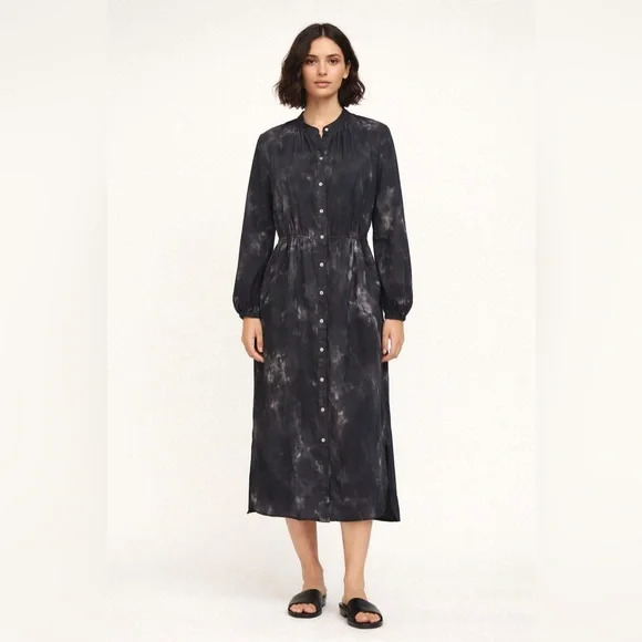 Raquel Allegra Cotton Silk Tie Dye Midi Shirt Dress Black Grey Size 2 Medium 43”