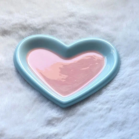 New Heart Shaped‎ Ceramic Cat Plate Pink Blue Whisker Fatigue Friendly Dish