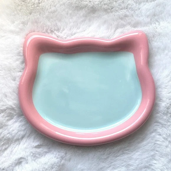 New Ceramic Cat Plate Whisker Fatigue‎ Friendly Pastel Pink Blue Kitty Dish