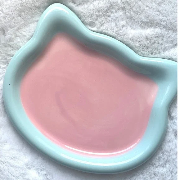 New Ceramic Cat Plate Whisker Fatigue Friendly Pastel‎ Pink Blue Pet Dish