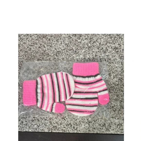 Kids Pink White Black Striped Knit Mittens Winter Cold Weather Gloves