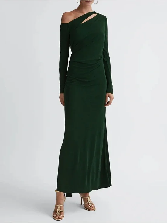 Reiss Delphine Off The Shoulder Cut Out Maxi Dress in Green Size 6