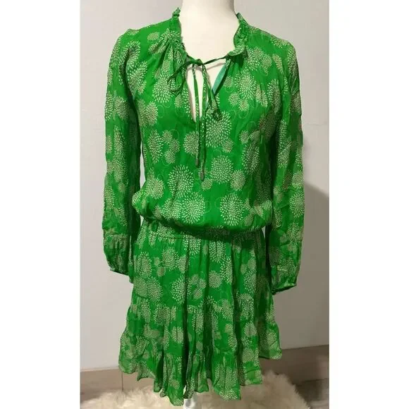 Karina Grimaldi green white print long sleeve mini dress S