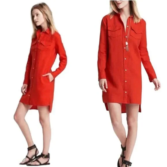 BANANA REPUBLIC Alexi Linen Shirt Dress Button Front Collared Red Orange Size 8