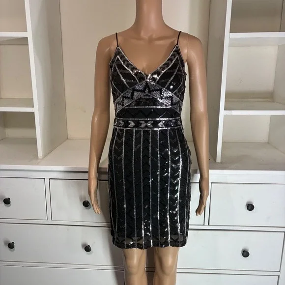 EXPRESS Black Sequin V Neck Spaghetti Strap Mini Dress