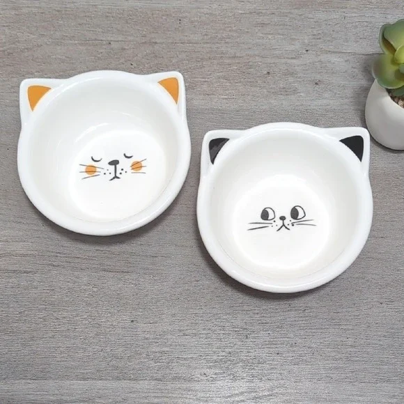 Vtg Cat Face Ceramic Pet Bowls Trinket Trays White Black Retro Heavy Duty Pair 2
