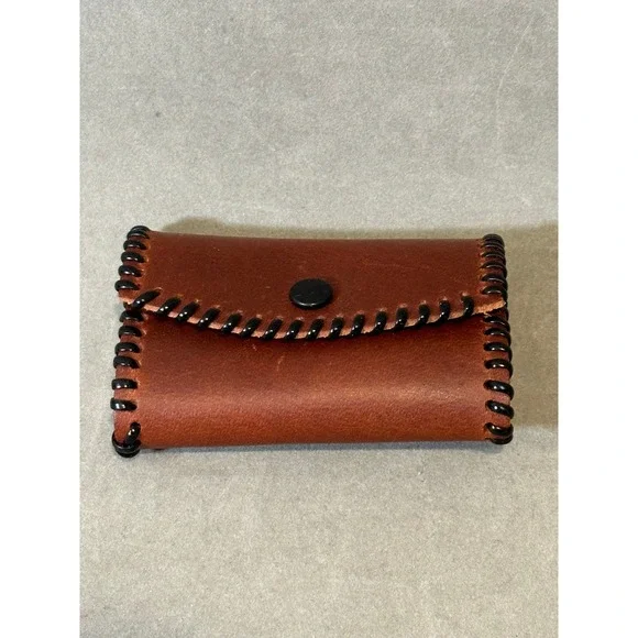 Vintage Brown Leather Key Case Organizer Whipstitch Snap Closure 6 Hooks Brown