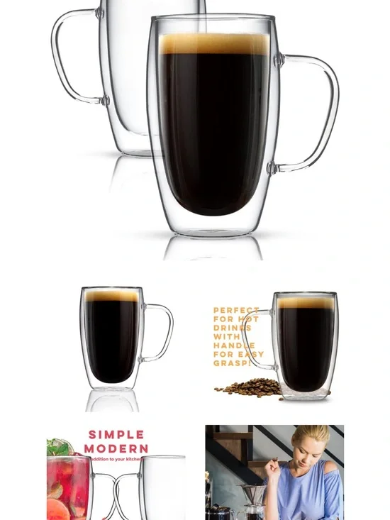 Clear Double-Wall Glass Coffee Mug with Handle - Set