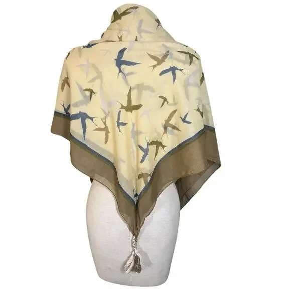 Anthropologie‎ Michael Stars Sparrow Print Retro Scarf Wrap Novelty Twee Neutral