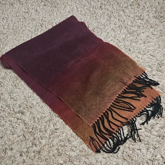 100% Cashmere Scotland Ombré Scarf Orange Burgundy Black Fringe