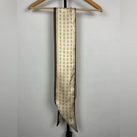 Brown Cream Thin Ribbon Printed Angled Hem Rectangle‎ Scarf