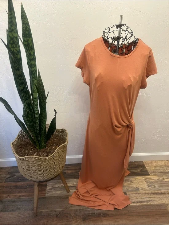 Be Cool Rust Tie Waist Midi Dress Side Slit Soft Stretch Large