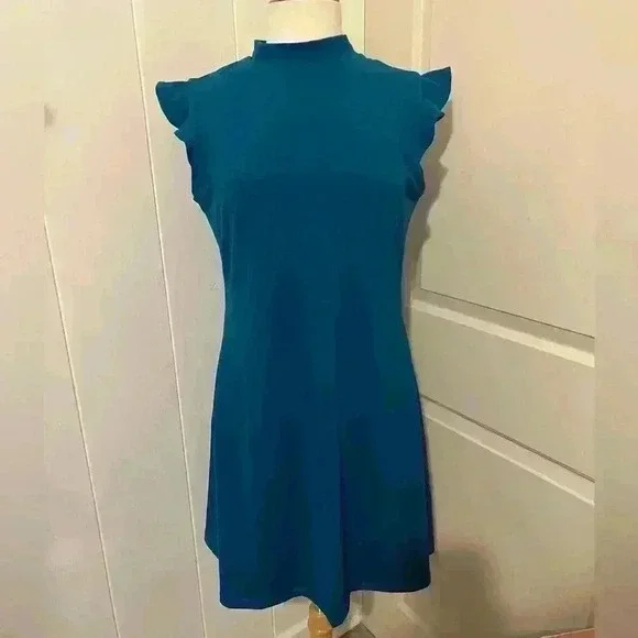 Susana Monaco $198 Mock Neck Ruffle Sleeve Teal Mini‎ Dress XL New Luxe
