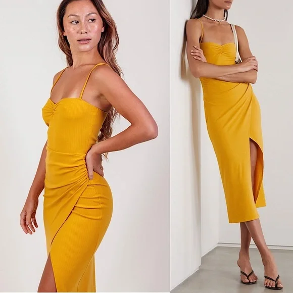 REFORMATION 90s Rib Knit Sweetheart Neck Sleeveless Ruched Side Slit Dress‎ S