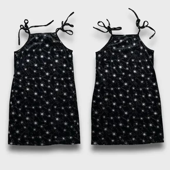 BOUTIQUE Y2K VELOUR CELESTIAL STARS MINI PARTY DRESS BLACK SILVER SMALL